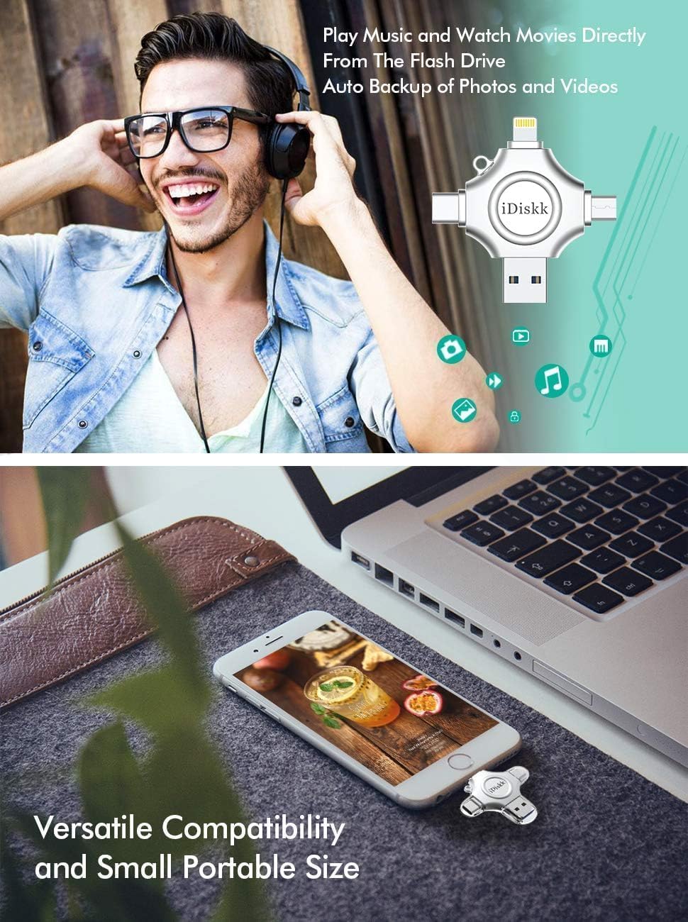 MFi Certified iDiskk 128GB Flash Drive for iPhone 17 16 iPad USB 3.0 Lightning Drive 4 in 1 Multi Functional External Storage for iOS and Android Samsung Phones Type c Devices and MacBook Photo Drive
