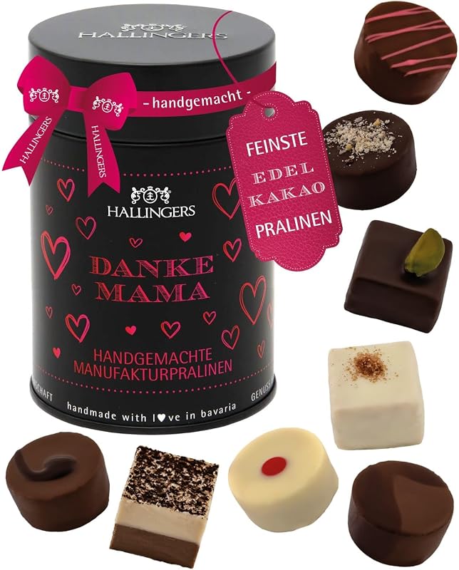 Hallingers Genuss Manufaktur Pralinen Geschenk für Mama – handgemacht in edler Geschenkdose, ohne Alkohol, zart schmelzend & in feiner Confiserie-Qualität, als besonderes Danke Geschenk zum Muttertag