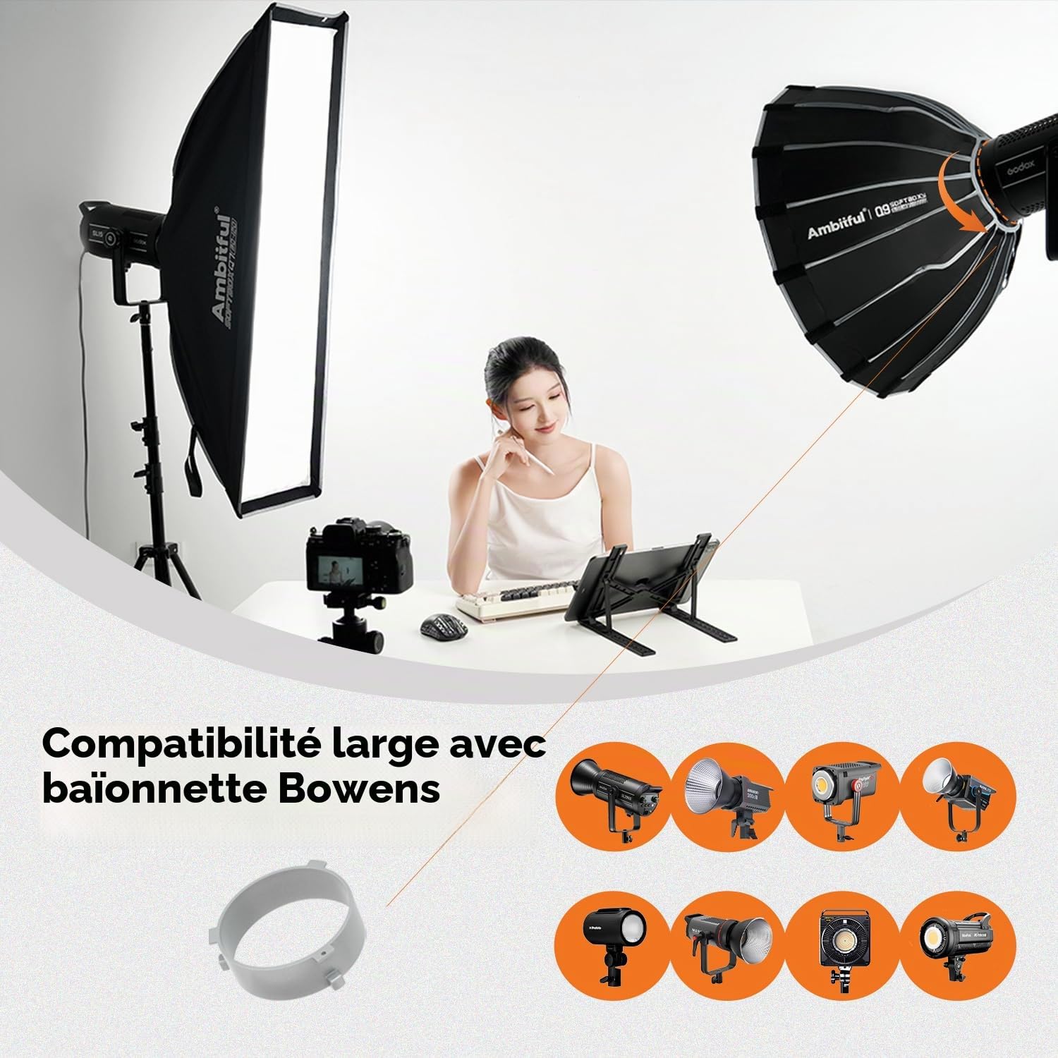 Ambitful Boîte à lumière parabolique à libération rapide de 60 cm/23,6 pouces, boîtier à grille alvéolaire hexadécagone avec monture Bowens, 2 diffuseurs et grille en nid d'abeille, sac de transport