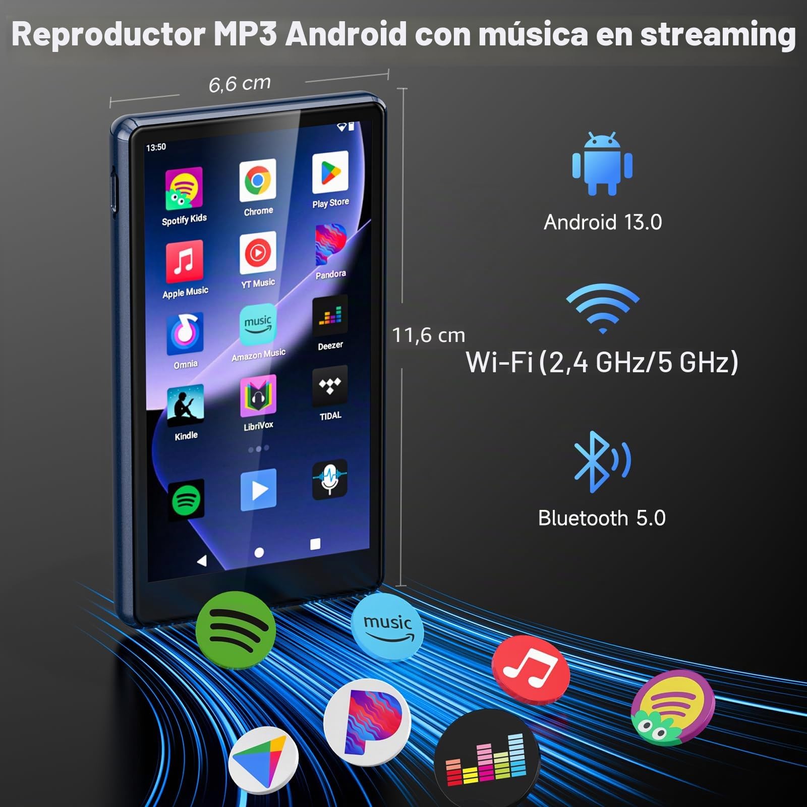 163 GB Reproductor MP3 Spotify con WiFi y Bluetooth, Pantalla táctil de 4,5 Pulgadas, Android 13, Compatible con Audible, Radio FM, Amazon Music, Deezer, Pandora, Play Store