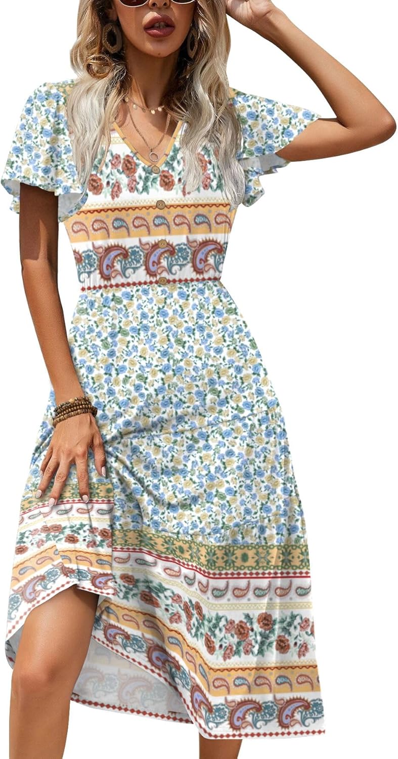 Zeagoo Women's Summer Casual Dress Flutter Short Sleeve V Neck Button Down Tiered Flowy Long Dress with Pockets - Image 2