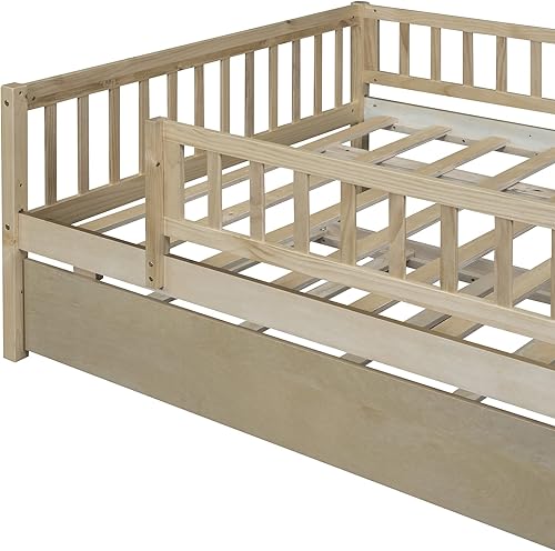 Miniatura 17 de Polibi Sofá cama de tamaño matrimonial, marcos de cama de día completo de madera con dos cajones y barandillas de seguridad para dormitorio, sala de