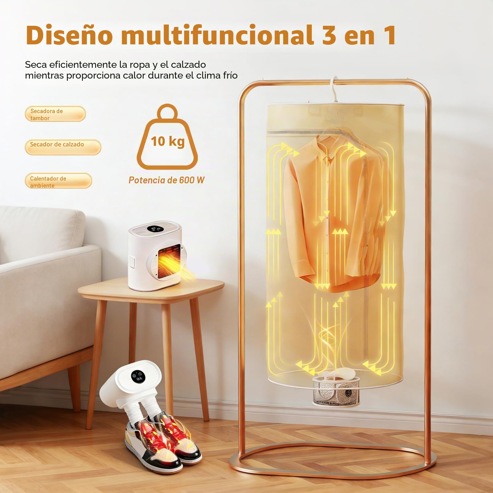 Secador de ropa 3 en 1 con calefacción PTC – Secadora de zapatos y secadora de ropa y calefactor | 600 W con aire caliente 360° | Capacidad de hasta 10 kg | Incluye bolsa seca y mando a distancia