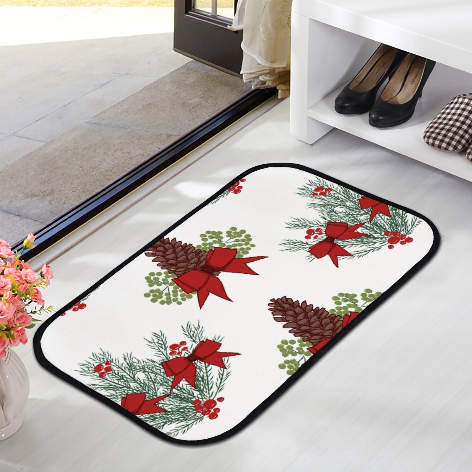 Nuansexi Bathroom Rugs Hand Drawn Red Pattern Floor Mats Non Slip Bathmat Doormat Tub Mat Coral Velvet Absorbent Entrance Carpet Mats Machine Washable Bedroom Decor