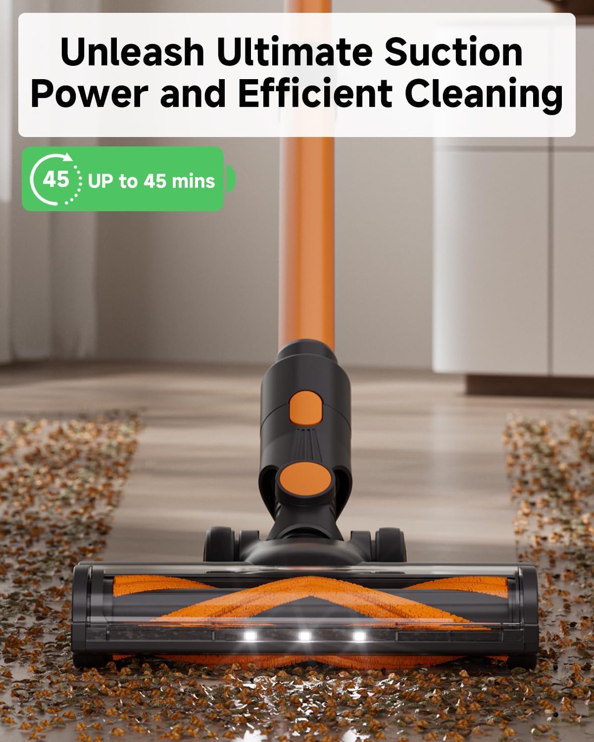 momax Vacuum Cleaner for Home – Cordless Stick Vacuum with Powerful Suction, Rechargeable, Lightweight, 45 Mins Runtime for Carpet, Hard Floors, Pet Hair, Cat Litter (Orange & Black)