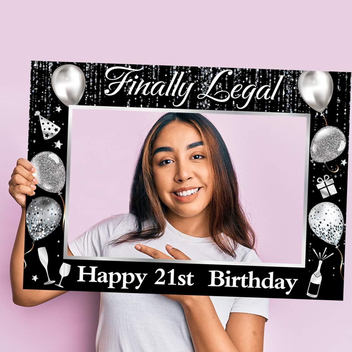 Haimimall 21st Birthday Party Supplies Photobooth Frame Finally 21 Birthday Photo Booth Props Black Silver 21st Birthday Decorations for Girls 21st Birthday