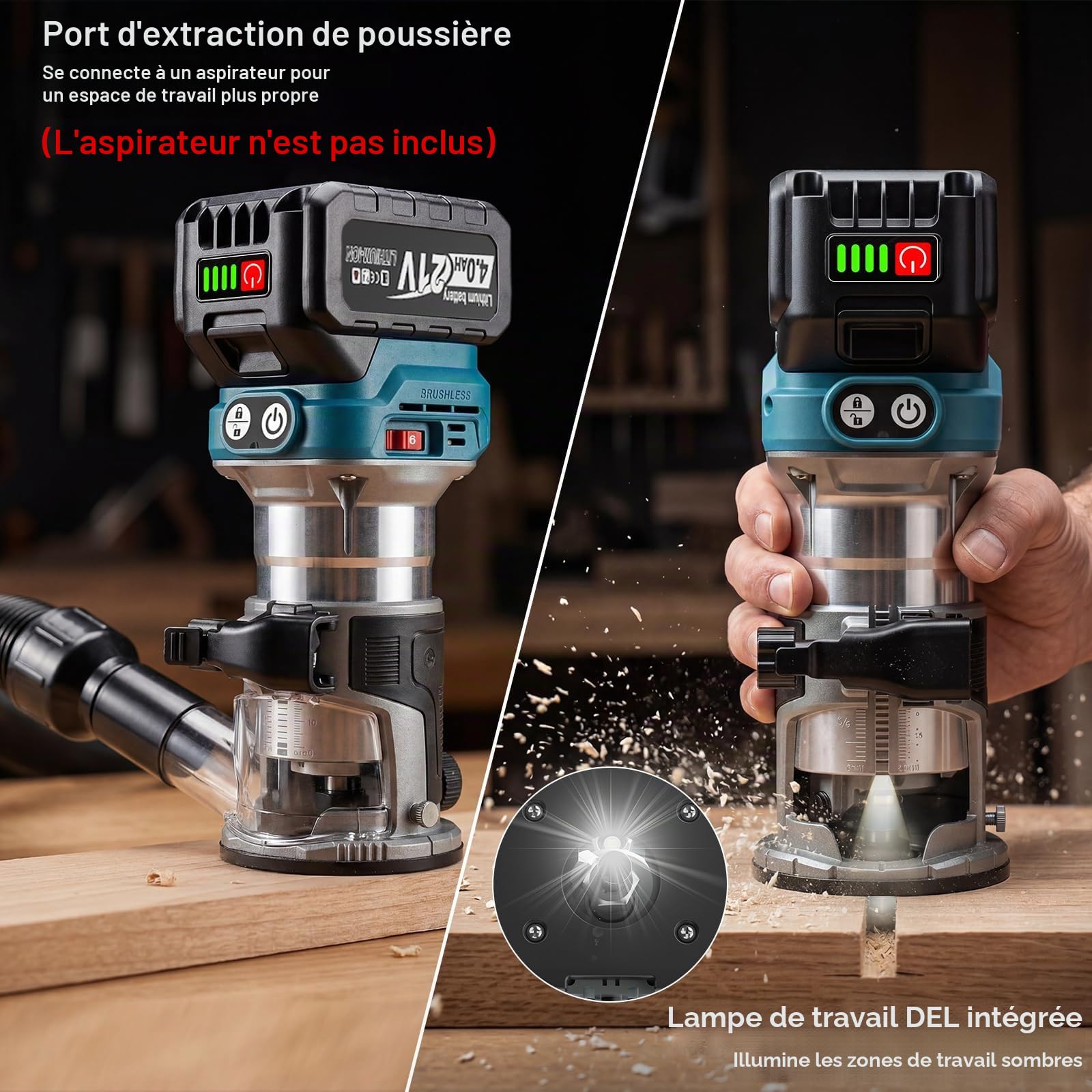 Yofuly Défonceuse à Bois sans fil Compatible avec Batterie Makita 18V, 800W Brushless Affleureuse Électrique 6 Vitesses | 28000 tr/min avec 2 * 4,0Ah Batterie, 6 Pièces 1/4"(6,35mm) Fraises