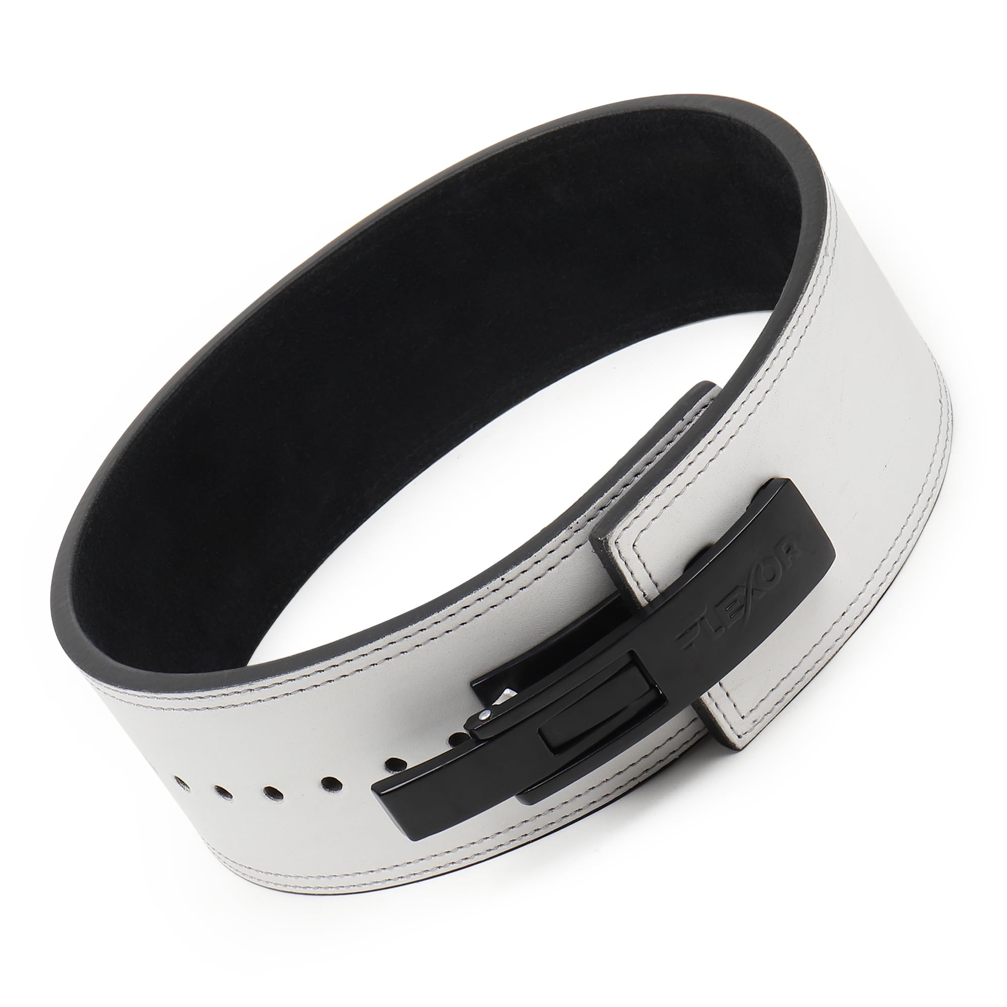 Flexor 10MM White&Black Premium Weightlifting Lever Belt - Power Lifting leverbelt for Men and Women, Gym Belt| Deadlift Belt | Crafted with Leather with heavy duty buckle/lever for Lower Back Support (Small)-image-3