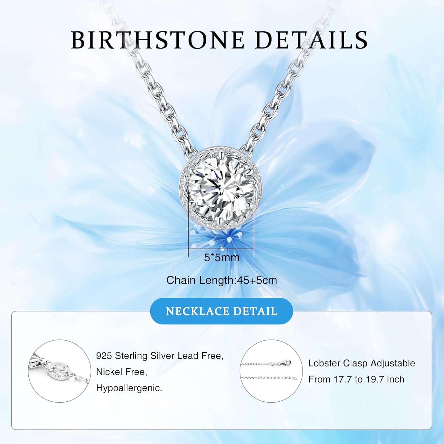 Presentski Sterling Silver Dainty Birthstone Pendant Necklace S925 White Gold Tiny Solitaire CZ Pendant Birthday Gift for Women