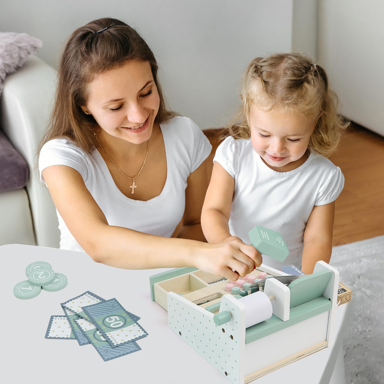 Cassa in legno per bambini, registratore di cassa per bambini 3-5 anni, giocattolo contabile con scanner e carta di credito, cassa per bambini, negozio di alimentari, giocattolo di cassa con