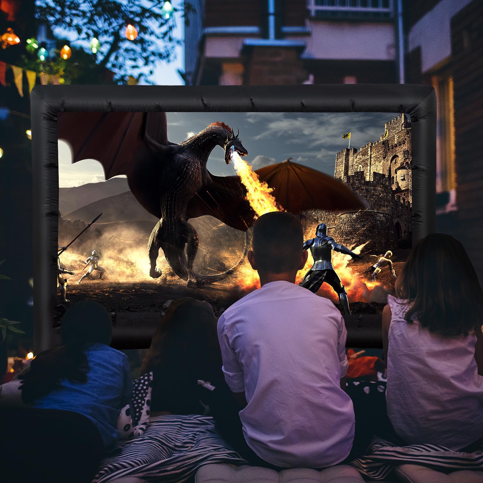 GYMAX Écran de Projection Gonflable 327 x 187 cm, Léger et Portable avec Sac de Rangement, Installation Facile avec Souffleur & Piquets de Sol, pour Cinéma en Extérieur