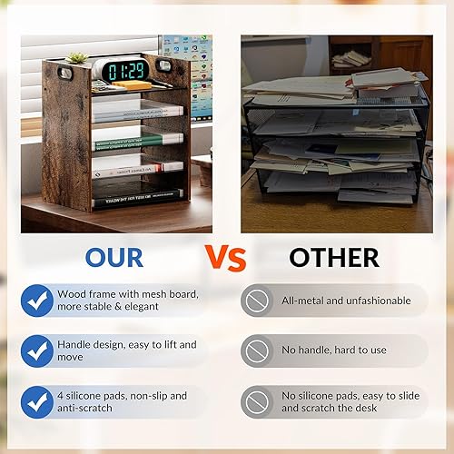 Vista 4 de Organizador de papel de madera de 5 niveles para escritorio, organizador de oficina de metal y accesorios con asa, soporte de archivos de malla
