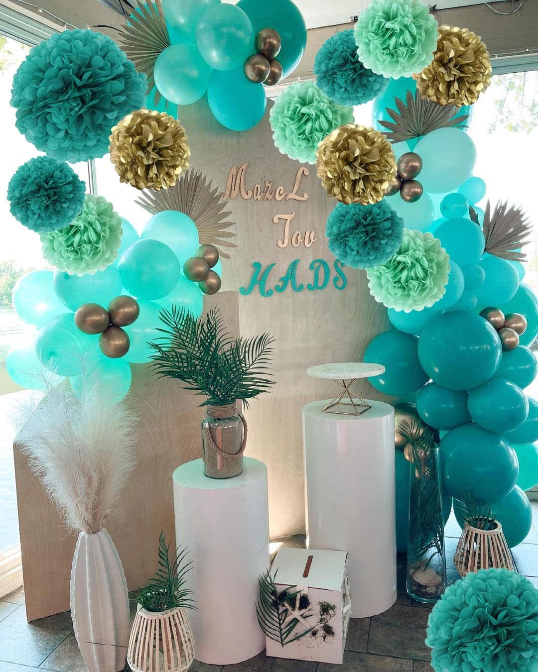 12PCS Teal Turquoise Aqua Gold Party Paper Flowers Pom Poms for Backdrop Streamers Birthday Wedding Baby Bridal Shower Bachelorette Christmas Nursery Wall Hanging Décor (Pack of 2)