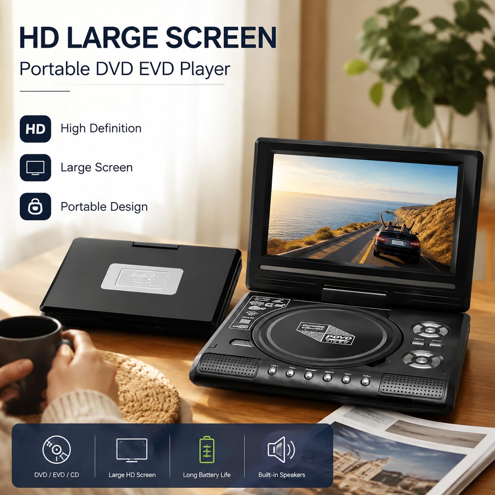 Lettore DVD/EVD Portatile HD Da 7,8" (1pcs) | Ampio Schermo, Ricaricabile E Compatibile Con DVD/CD/USB/Sd, Perfetto per Casa E Viaggi
