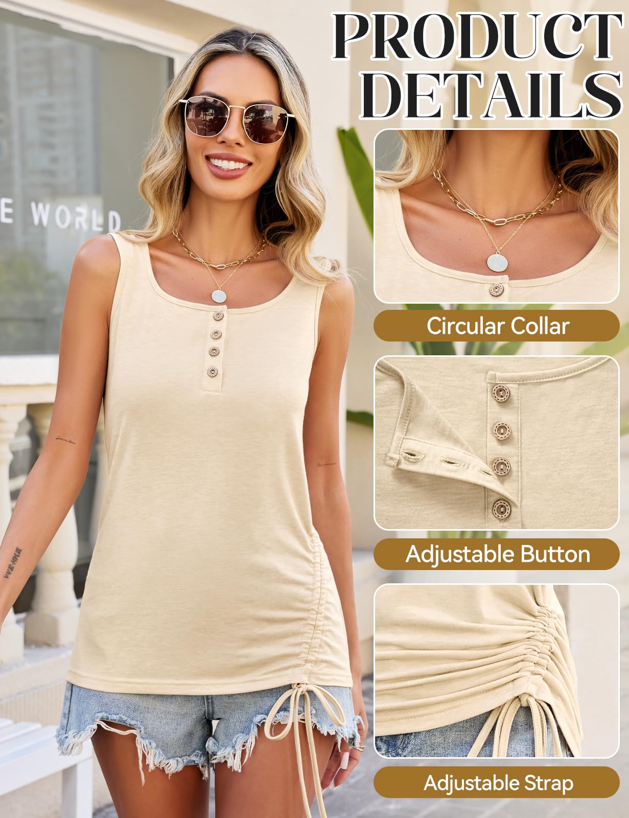 Tank Top damski top bez rękawów, na lato, na co dzień, okrągły dekolt, seksowny, elegancki tank top z boku ściągaczem, basic, luźna koszulka