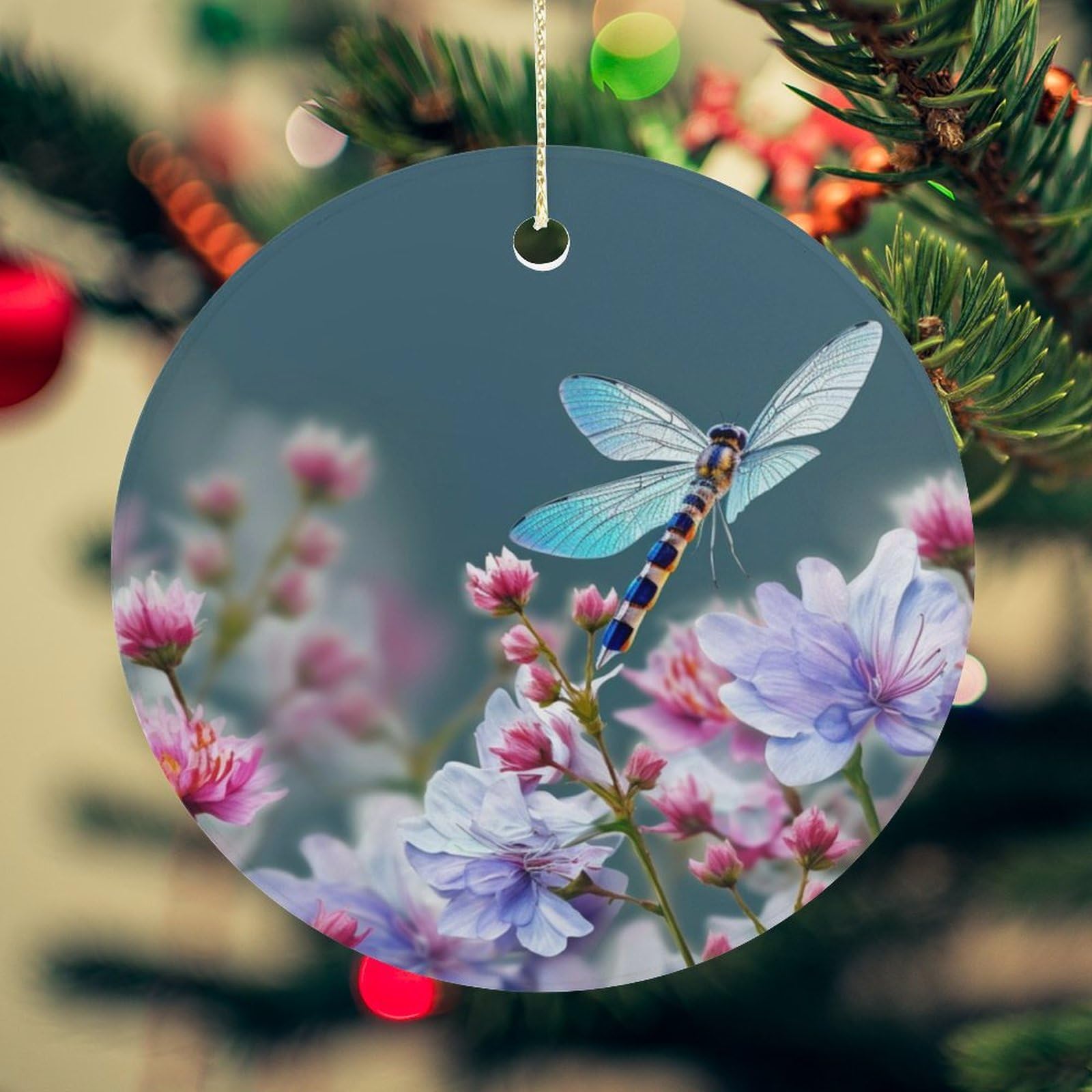 Dragonfly and Flowers Christmas Ornament for Christmas Tree Ceramic Round Ornament Winter Holiday Keepsake Gift 2.7" Christmas Tree Hanging Decorations Circle Ceramic Pendant Xmas Gift