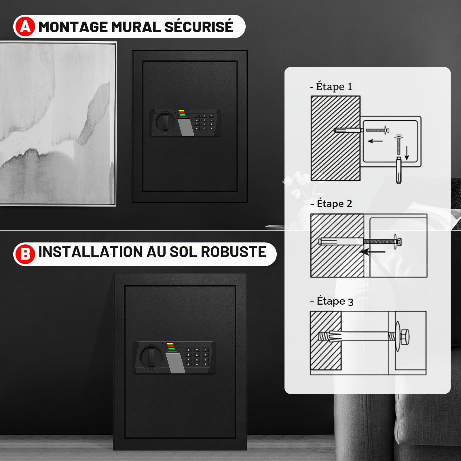 Coffre-fort de sécurité en acier de grande taille avec éclairage LED et clavier numérique, boîte de sécurité pour la maison de 60L avec sac ignifuge, coffre-fort sécurisé pour argent, bijoux