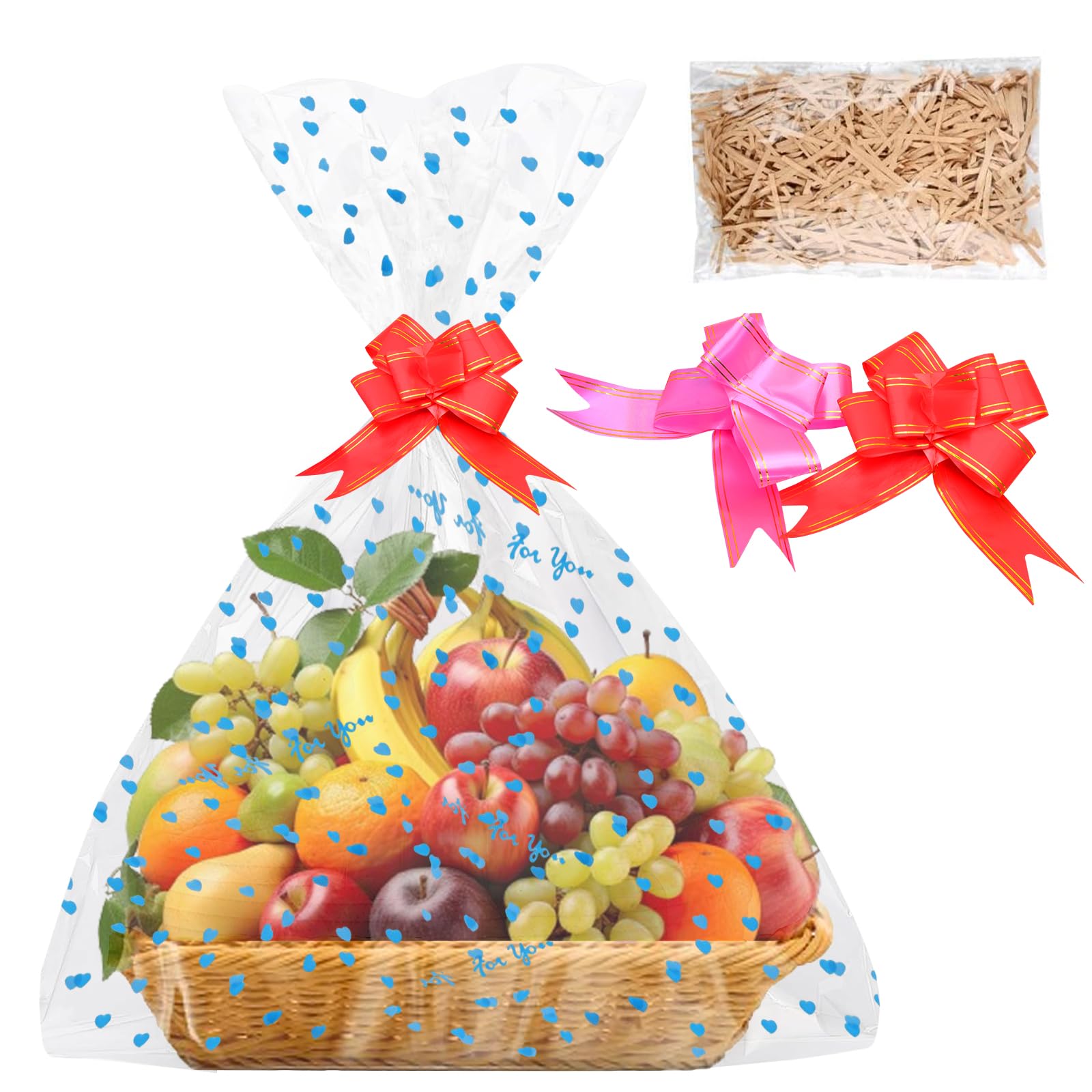 20 * 30CM Cellophane Gift Basket Kit, with 1x Hamper Basket, 2 x Bows, 60x75cm Cellophane Bags x2 and 1 x Shredded Paper,Clear Hamper Wrap Bag,for Gift Packaging Arts Crafts Fruit Christmas Making