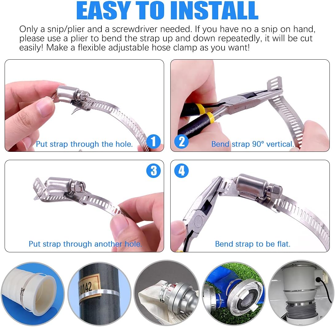 Glarks 7Pcs 10 Feet Long Worm Gear Hose Clamp with Fasteners, 304 Stainless Steel Large Adjustable Pipe Clamps with 6Pcs Fasteners for Ductwork, Pole Securing and Strapping (10 FT Strap +6 Fasteners)