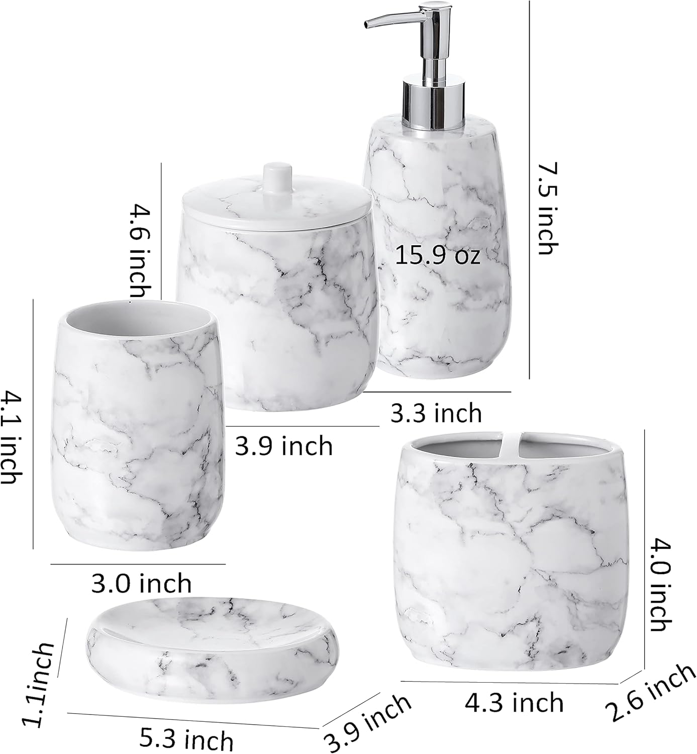 Bathroom Accessories Set, 5-Piece Ceramic Bath Accessory Complete Set with Lotion Dispenser/Soap Pump, Cotton Jar, Soap Dish, Tumbler and Toothbrush Holder (Marble Look)