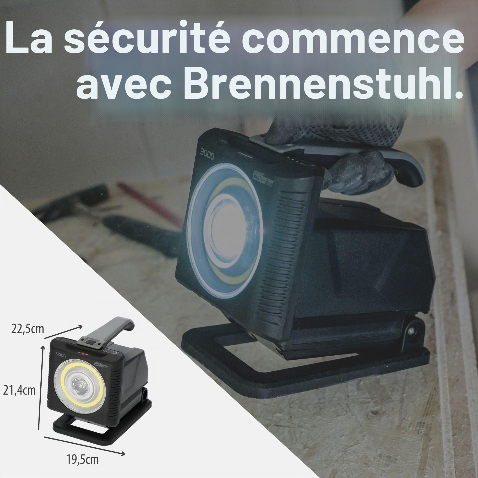 Brennenstuhl Professional Multi Battery Lampe torche LED rechargeable HL 3000 / Baladeuse LED 20W (1140+2160lm, compatible avec batterie 18V rechargeable de 10 fabricants, portée 200m, aimants, IP54)