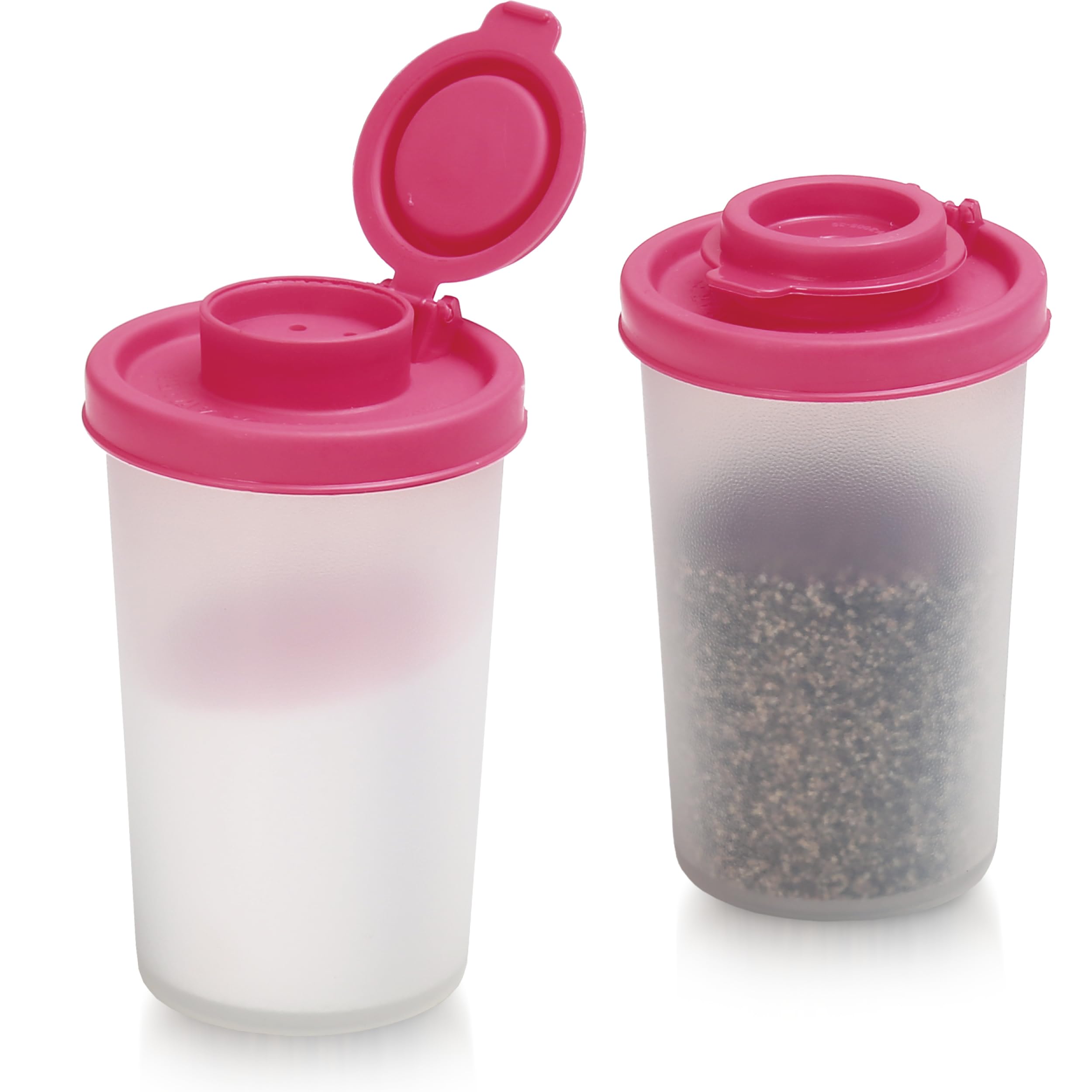 SIGNORAWARE Salt and Pepper Shakers Moisture Proof Set of 2 Large Salt Shaker to go Camping Picnic Outdoors Kitchen Lunch Boxes Travel Spice Set Clear with Red Covers Lids Plastic Airtight Dispenser