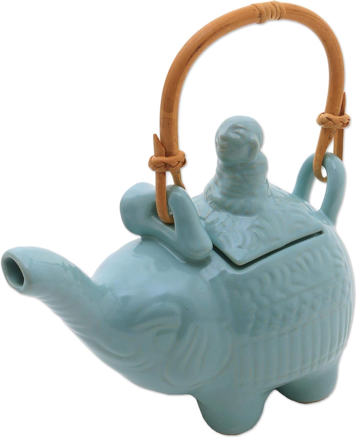 NOVICA Light Blue Ceramic Teapot with Rattan Handle, 27 Oz, 'Buddha and The Turquoise Elephant'