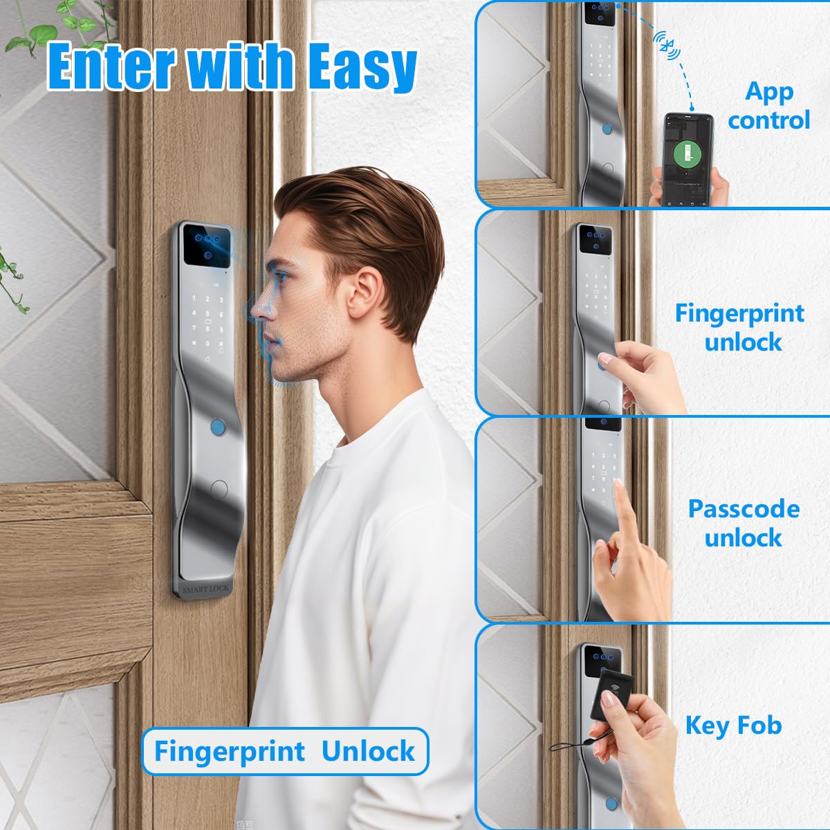 Sophies Serrure de porte intelligente avec caméra, serrure intelligente Wi-Fi entièrement automatique, reconnaissance faciale 3D, biométrie intelligente, empreintes digitales (verrouillage intelligent