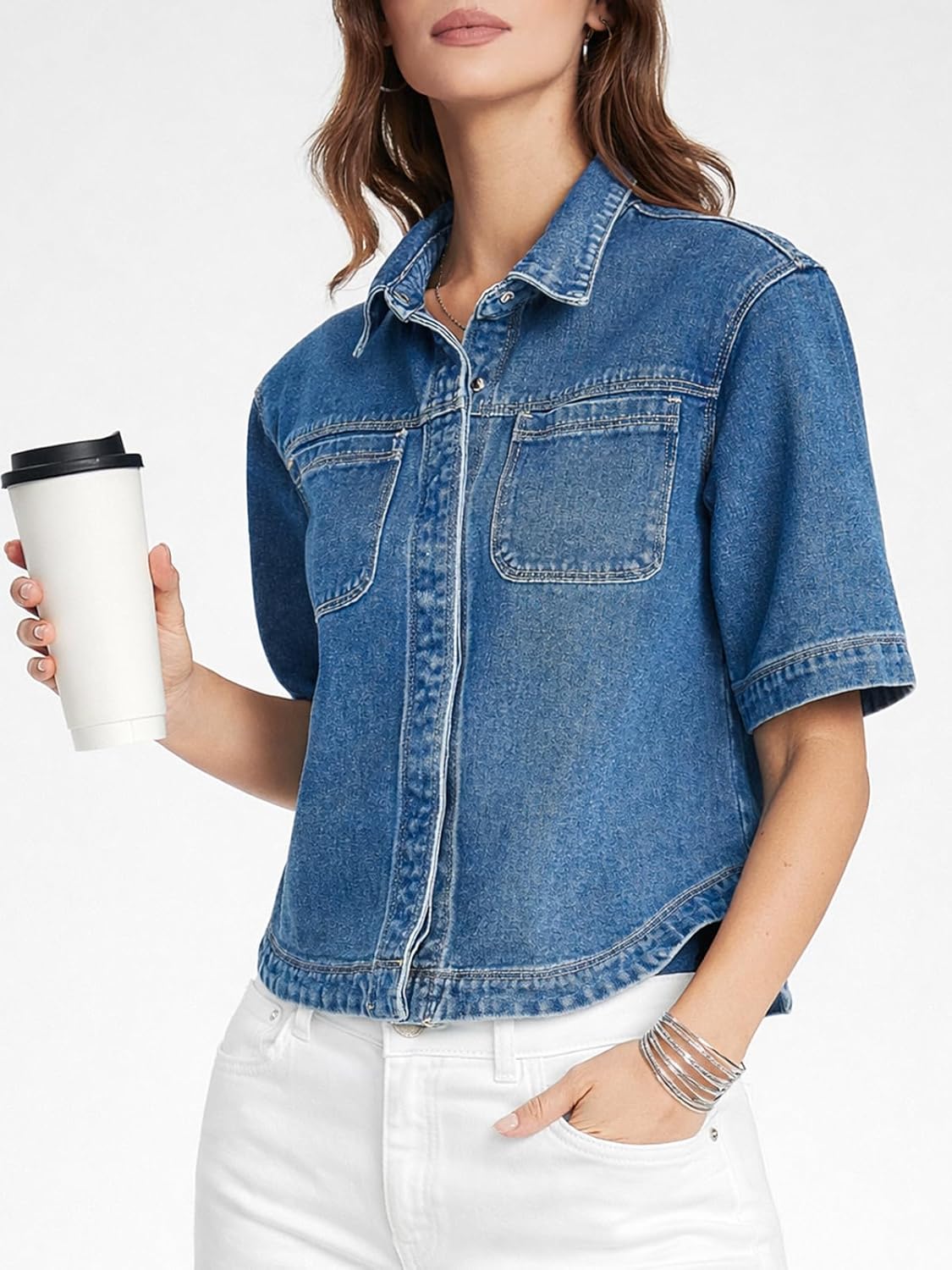 Kedera Women Denim Shirt Tops Short Sleeve Button Down Casual Jean Coat Trendy Jacket Shacket