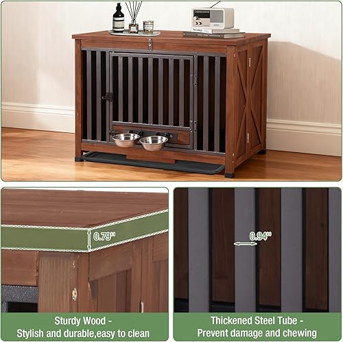 Miniatura 3 de Muebles de jaula para perros de 33.3 pulgadas, jaulas plegables para perros con cuencos giratorios de 360, jaula de madera para cachorros con marco