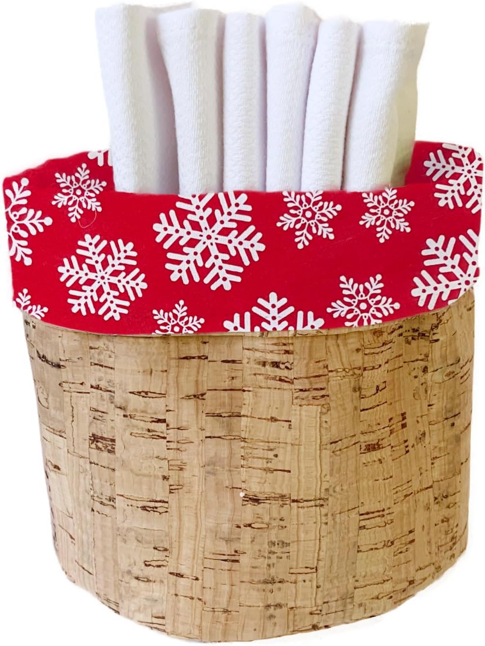 Premium Reusable Paper Towel Set - Cotton - American Made - Super Absorbent, Durable, Machine Washable, & Easy to Store (Reversible Red Snowflake & Cork Leather Basket, 6 White Cloths)