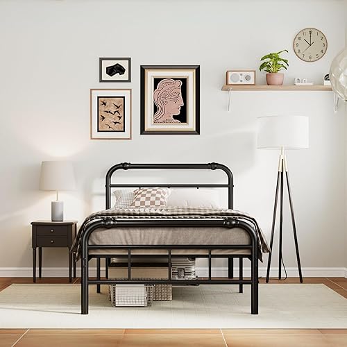 ZIYOO Base de cama de metal individual XL con cabecera y estribo de estilo vintage, 14 pulgadas de alto, soporte de 3500 libras, no necesita somier,