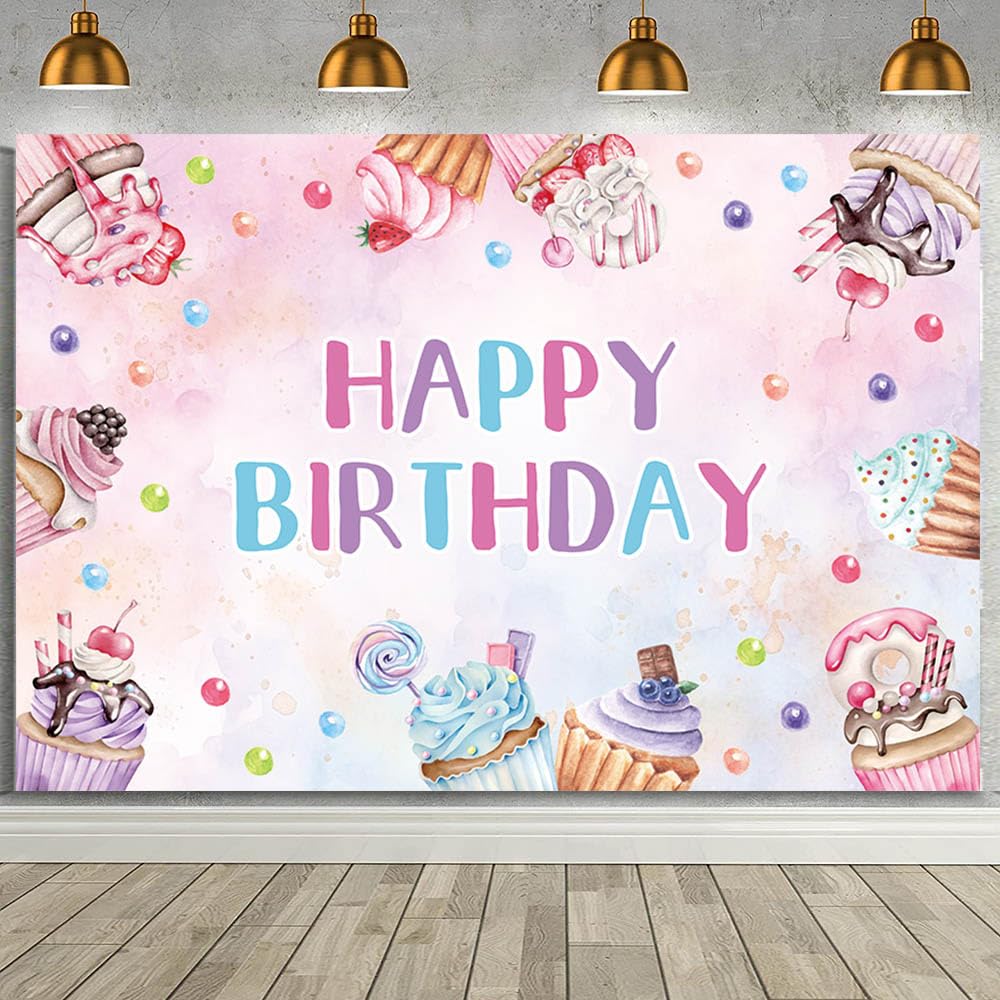 MEHOFOND 7x5ft Sweet Cupcake Happy Birthday Backdrop for Girls Pink Candy Cupcake Birthday Party Photography Background Sweet Cupcake Candy Theme