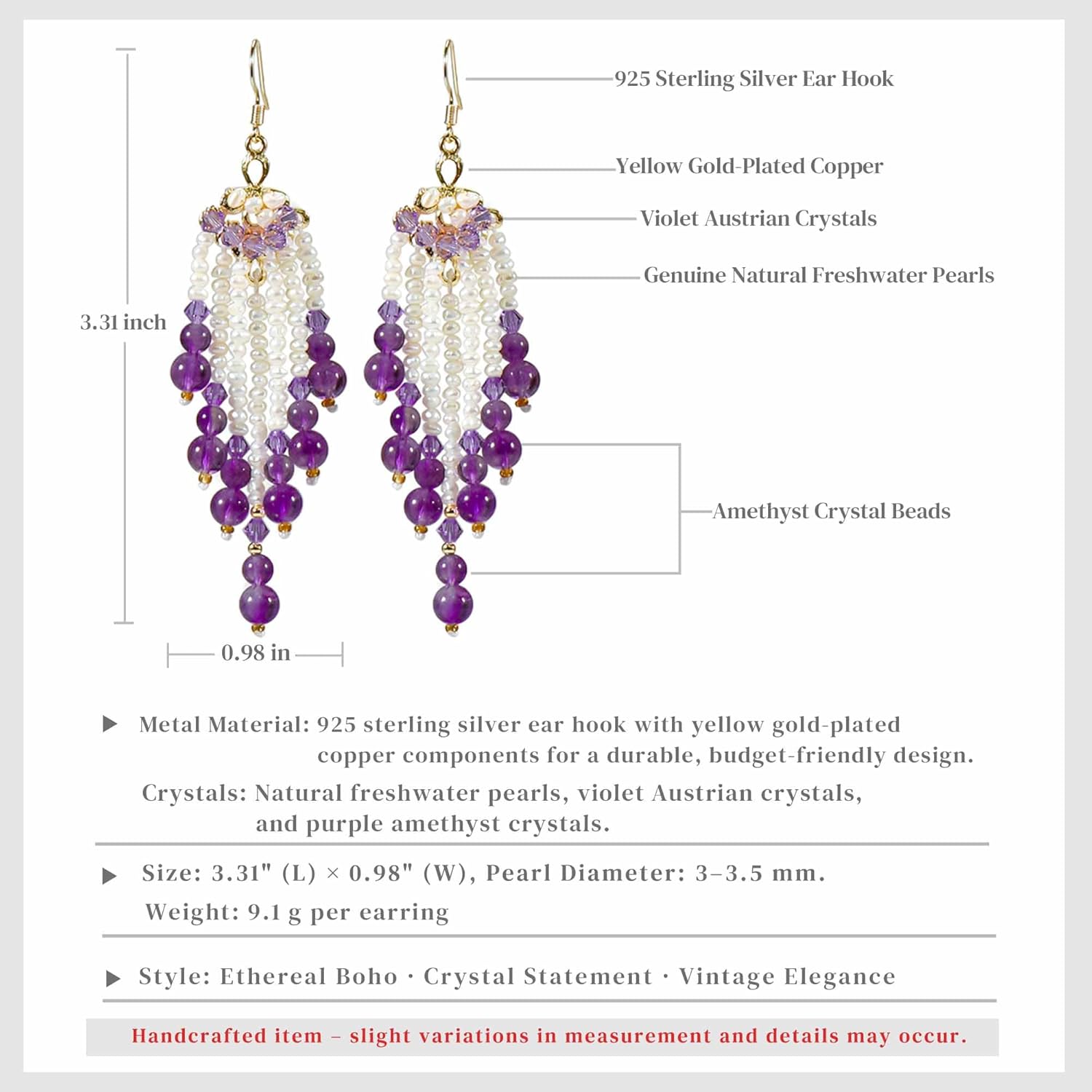 Handmade Amethyst Tassel Earrings with Pearls & Violet Crystals – Boho Chandelier Dangle Jewelry for Women - Image 2