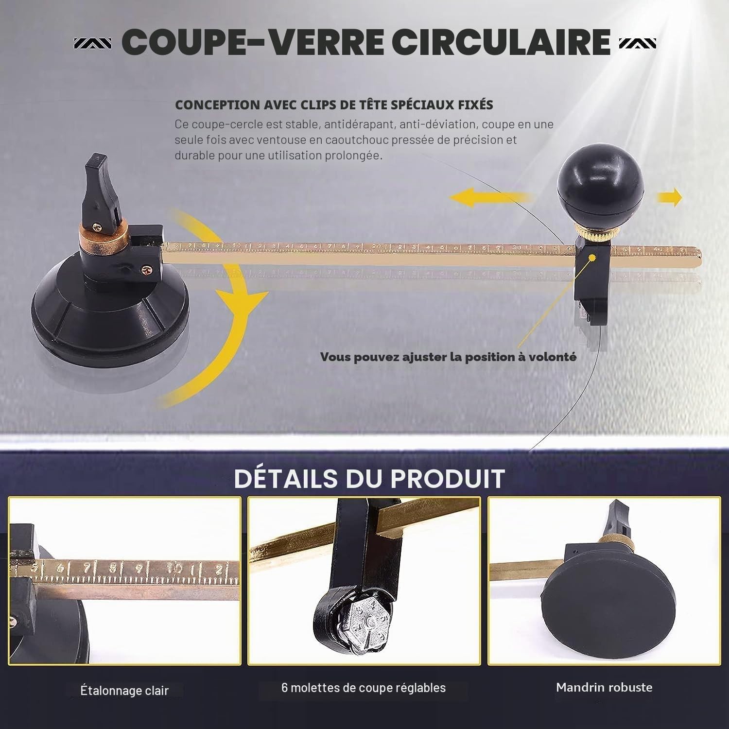 Coupe-Verre Circulaire avec Ventouse Outils de Coupe, Diamant Coupe Diamètre du Cercle 400 mm pour Amateurs Coupeurs de Verre Professionnels
