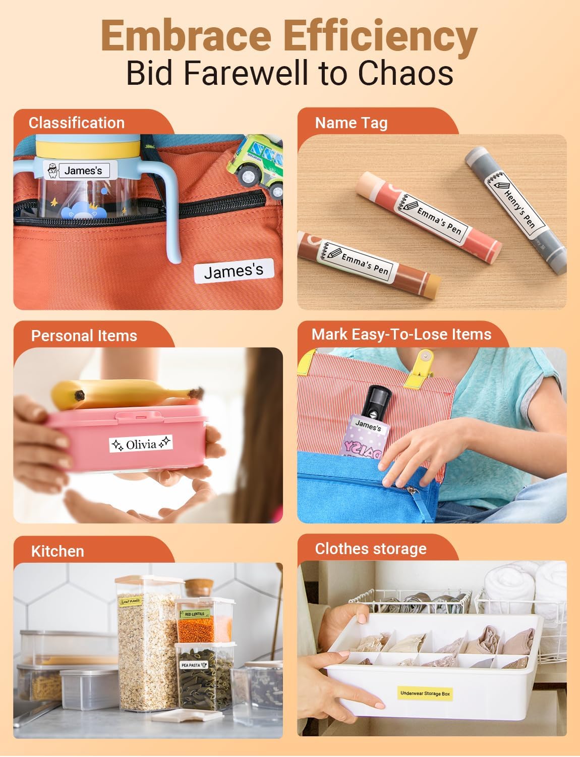 Collage of images showing various uses for the label maker: classifying items, name tags, personal items, marking easy-to-lose items, kitchen storage, and clothes storage