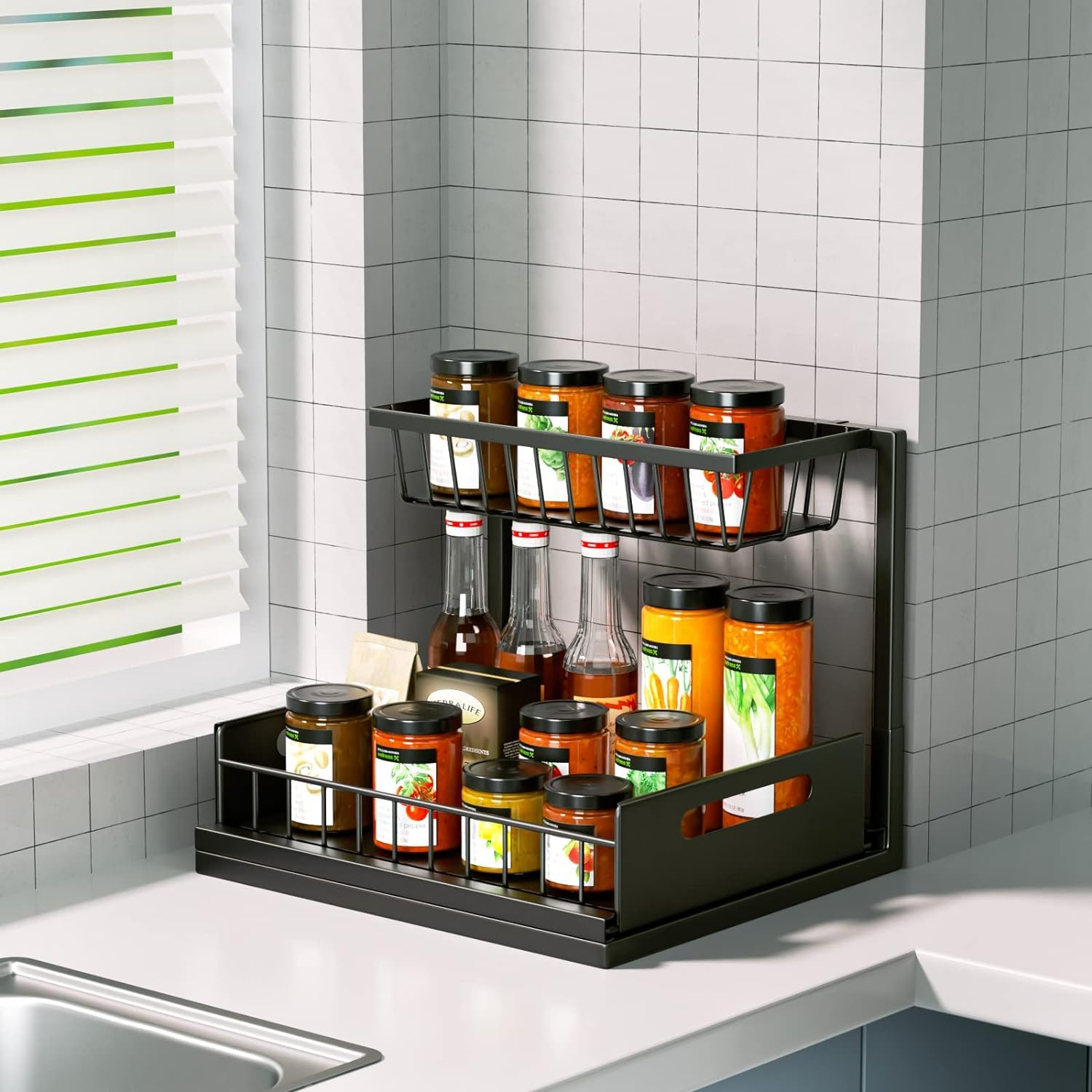 Cocolemon Rangement sous Évier Cuisine, Lot de 2 Métal Organisateur sous Evier Tiroir Coulissant à Extraction Forme en L, Rangement Et Organisation De Cuisine Stable de Grande Capacité, Noir