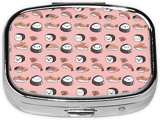 Happy Sushi D Print Small Pill Case, Metal Square Travel Pill Organizer Portable Mini Pill Box 2 Compartments for Vitamin, Cod Liver Oil, Supplement