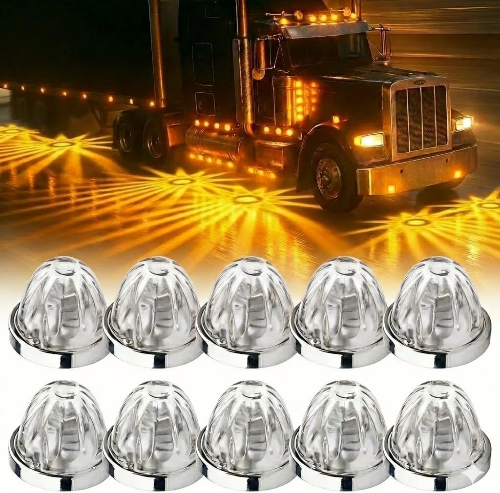 10-Pack Glass Watermelon Lights - LED Cab Marker & Star Water Melon Lights with Glass Lens- Flush Mount Starburst Effect for Heavy Duty Trucks, Trailers & Custom Rigs (Amber)