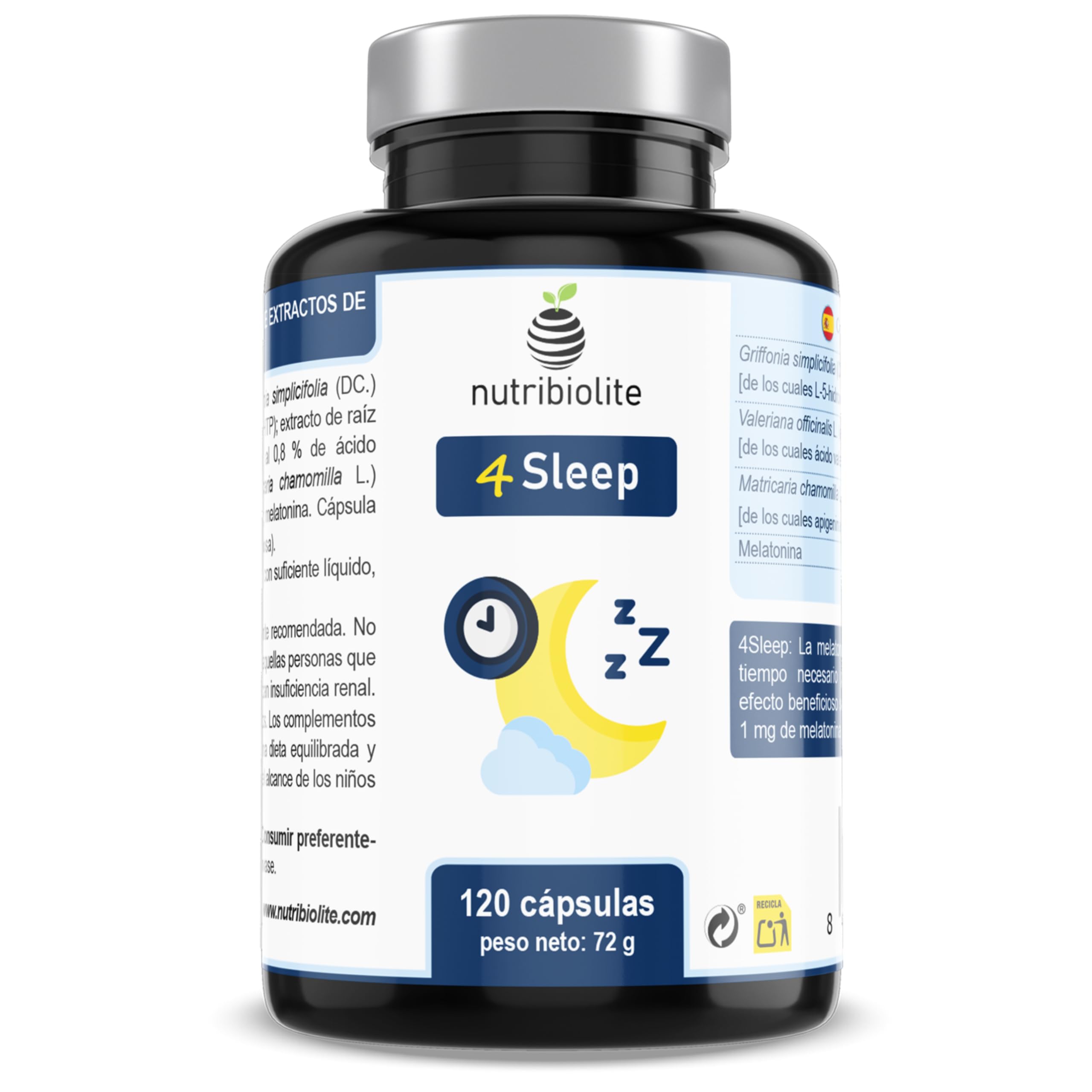 Complejo de Melatonina con 5-HTP Griffonia, Valeriana y Manzanilla – 120 Cápsulas Veganas | Suplemento Natural para Dormir Mejor, Reducir Insomnio, Estrés y Jet Lag – 4Sleep Nutribiolite