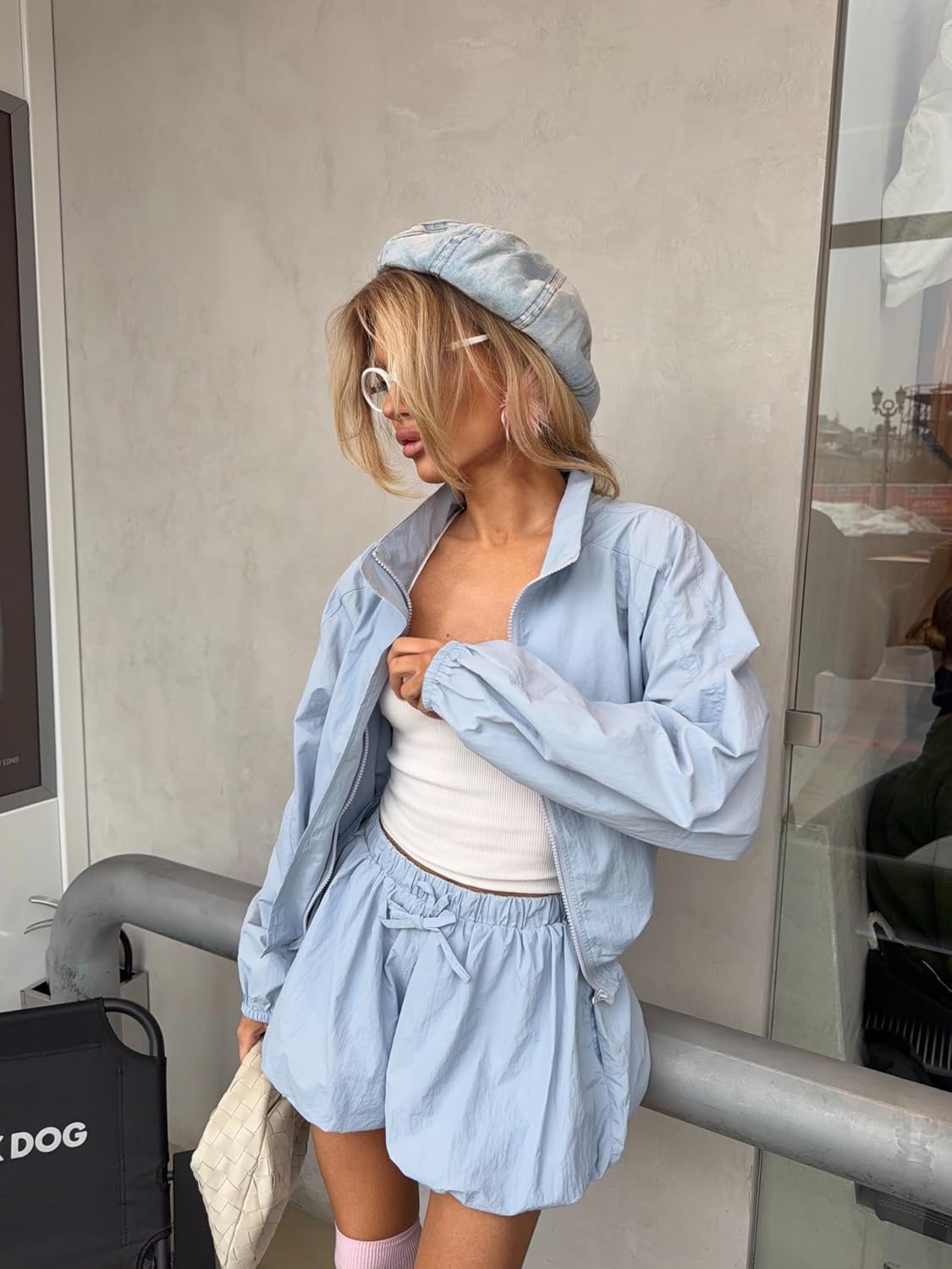 THLAI Women Two Piece Outfits Solid Color Zip Up Jacket and Drawstring Shorts Set Casual Sporty Outfits