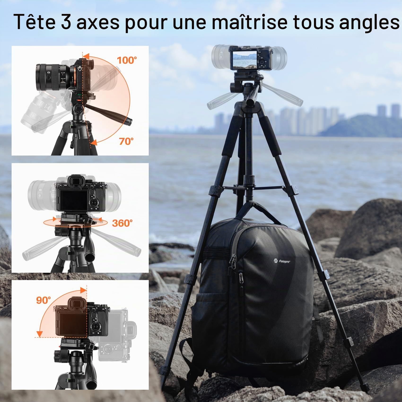 Fotopro Trépied de voyage léger et portable pour smartphone avec tête panoramique amovible à 3 positions pour enregistrement vidéo avec support de téléphone et sac de transport, charge maximale 3 kg