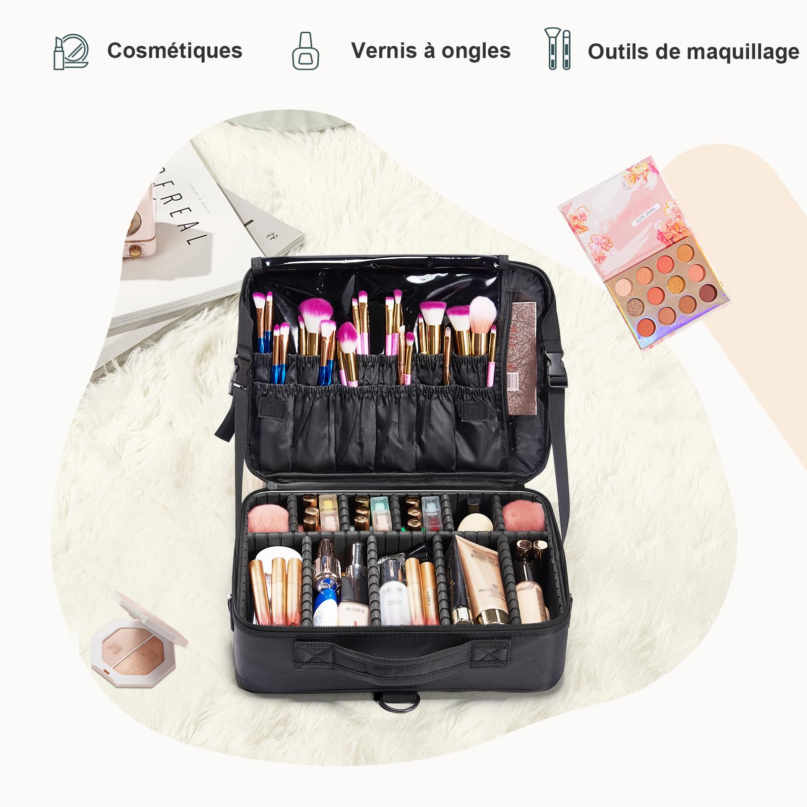 Trousse Maquillage Oxford Tissu Makeup Bag Sac Maquillage Femme Mallette à Ongles Rangement Organiseur Coiffure à Manucure Beauty Case de Voyage y Bandoulière Bijoux Boîte Professionnel, Noir