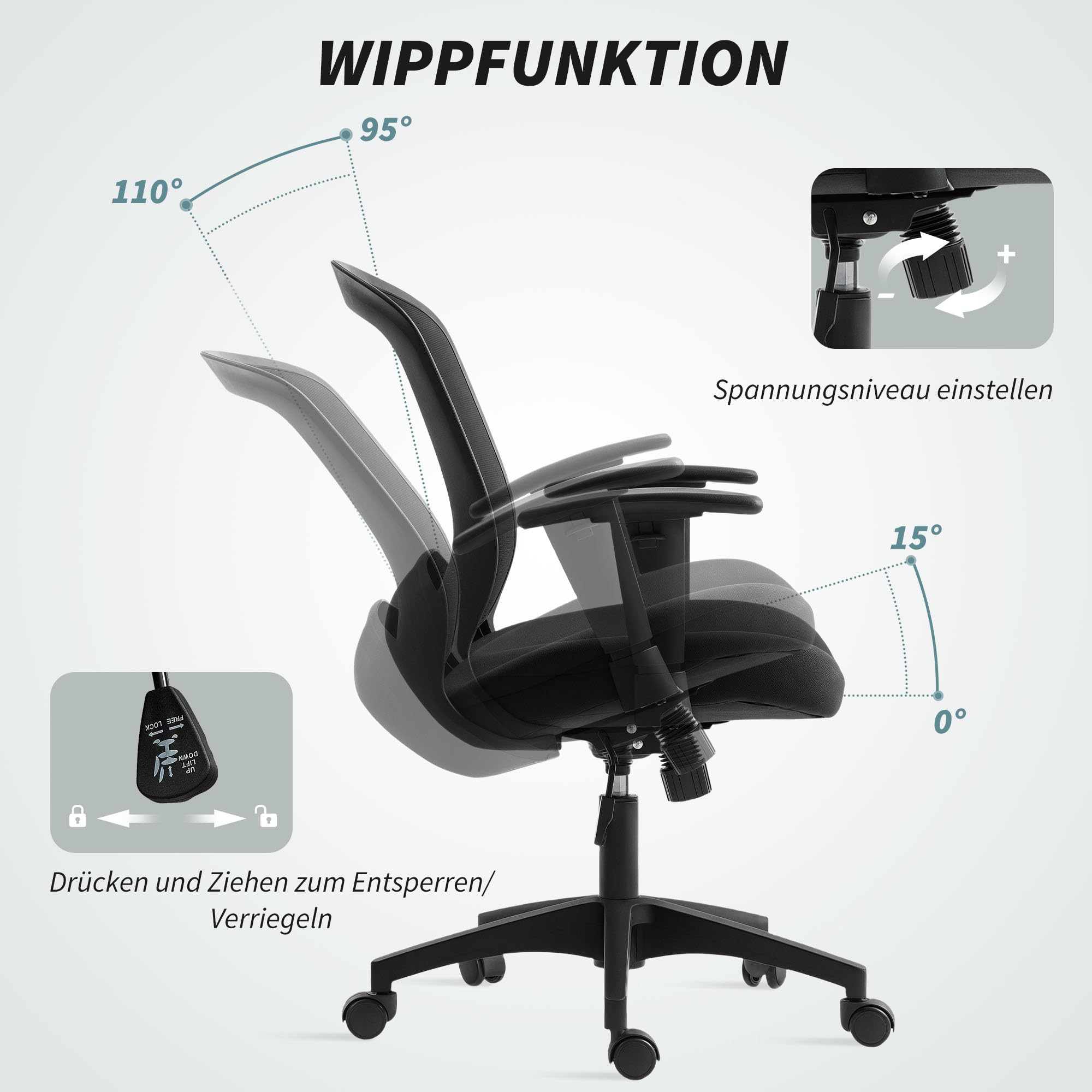 HOMCOM Bürostuhl Ergonomischer Schreibtischstuhl mit Armlehne Schwarz | Höhenverstellbar, Lendenwirbelstütze, Drehstuhl mit Wippfunktion, Computerstuhl mit Netzbespannung