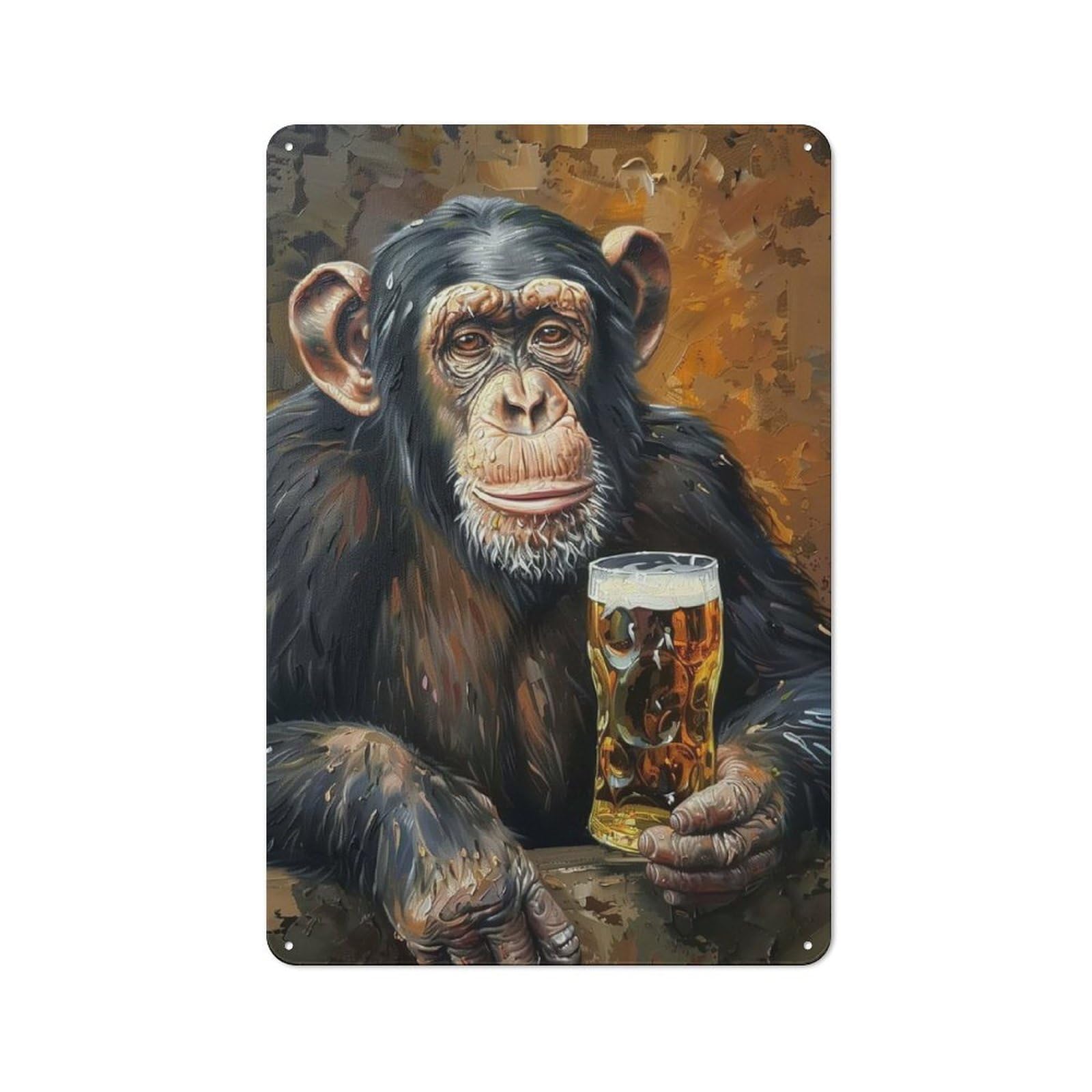 Retro Metal Plaque 30x20cm Featuring Beer Drinking Monkey for Home Bar Wall, for Room Styling Across Home Bars And Entertaining Spaces