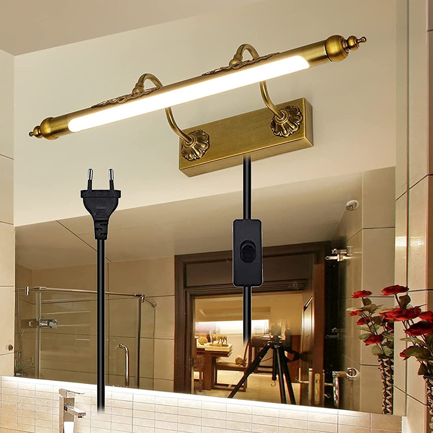 Miroir LED avant rétro avec lampe murale réglable en laiton, éclairage de maquillage sur prise