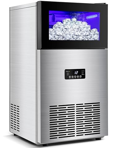 Commercial Ice Maker Machine 130LBS/24H with 35LBS Storage Bin, Stainless Steel Undercounter/Freestanding Ice Cube Maker for Home Bar Outdoor, Automatic Operation, Include Scoop, Connection Hose