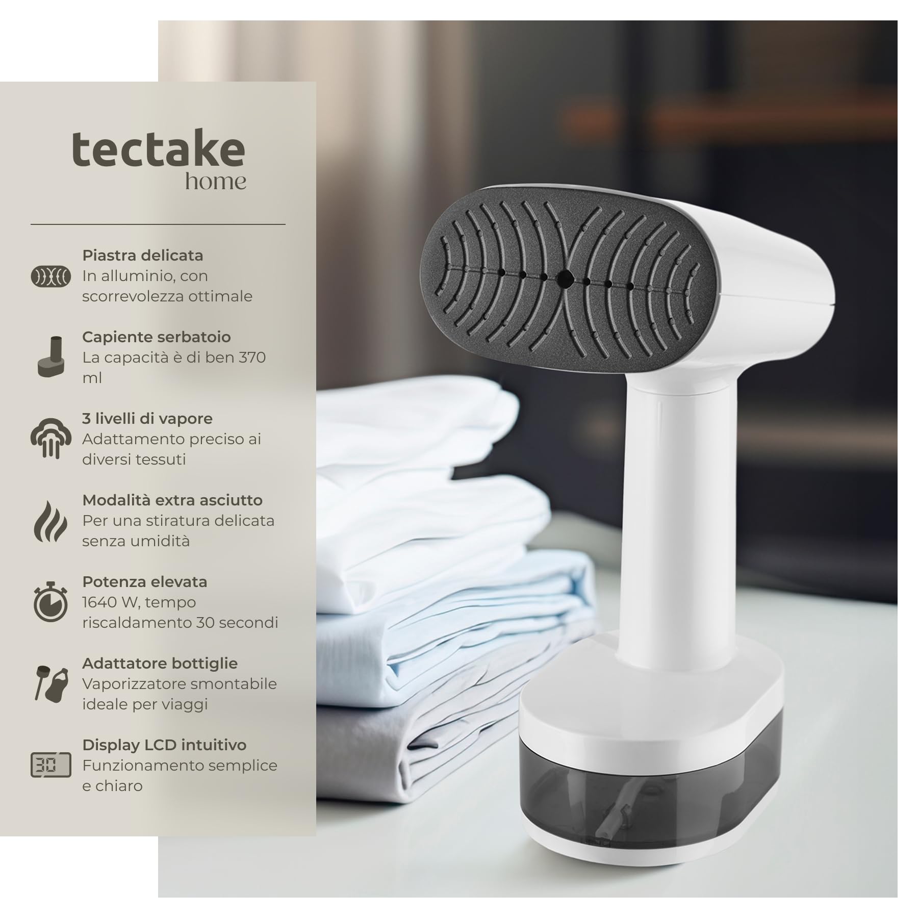 tectake® Stiratore Verticale, Ferro a Vapore con Serbatoio Ampio, Ferro da Stiro Verticale con 4 Modalità, Adatto a Tutti i Tessuti, Riscaldamento Rapido, Adattatore per Bottiglie - 1640 W