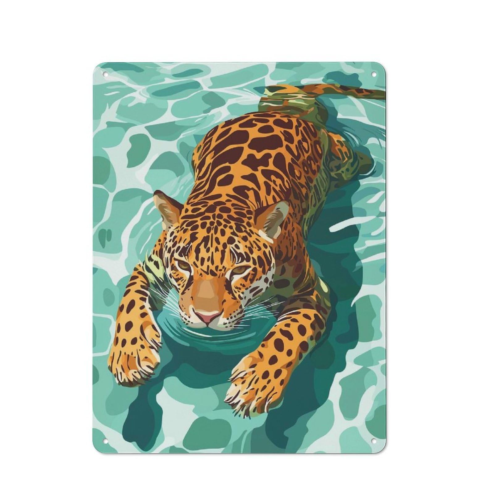 Jaguar Swimming in Water Illustration Retro Metal Wall Decor 40x30cm, Vintage Metal Sign for Cafe, Pub, Workshop Or Home Bar