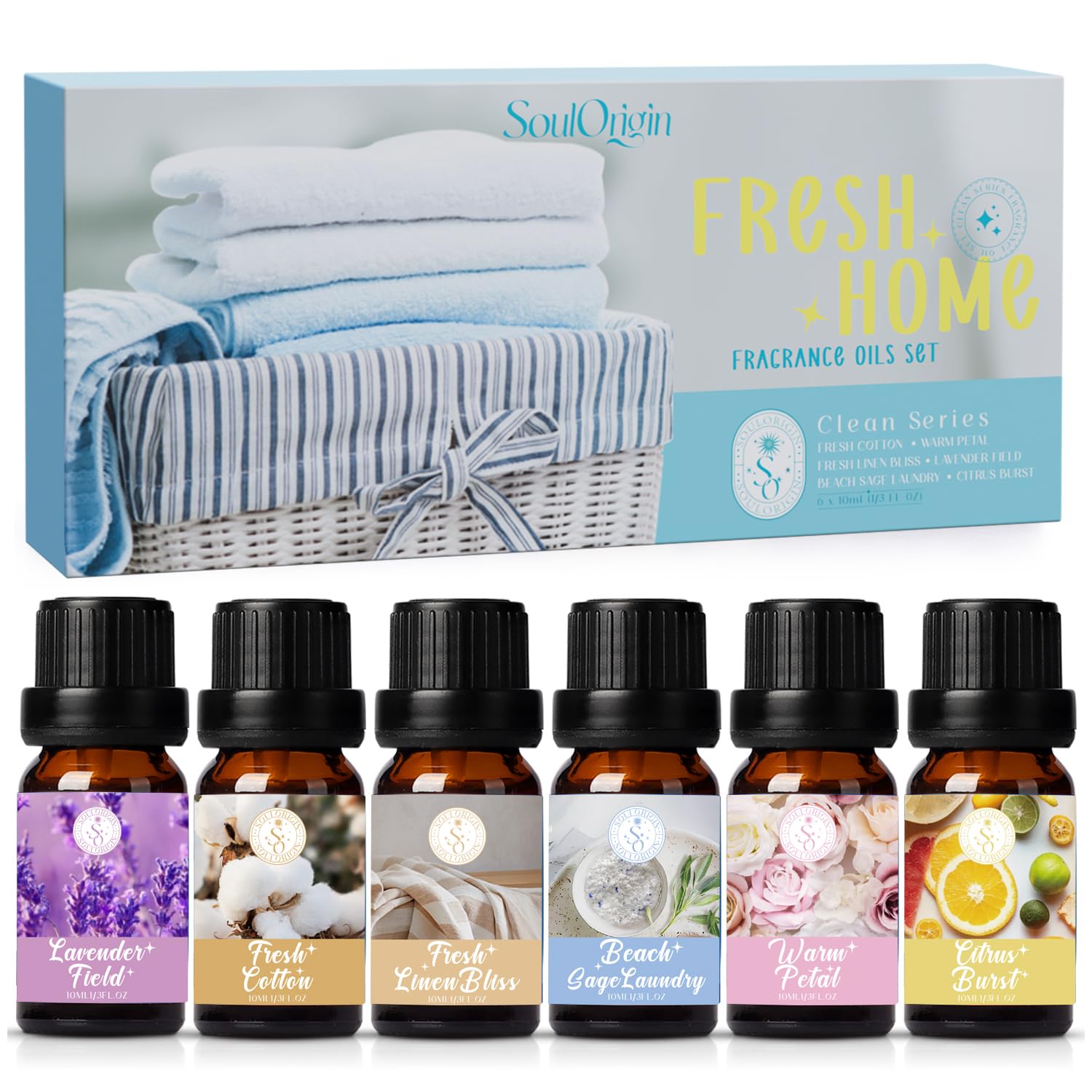 Clean Essential Oils Set, Fragrance Oil Set for Oil Diffusers, Home,Scented Oils 6x10ml - Beach Sage Laundry Detergent, Citrus Burst, Lavender Fields, Fresh Linen, Warm Petals, Fresh Cotton